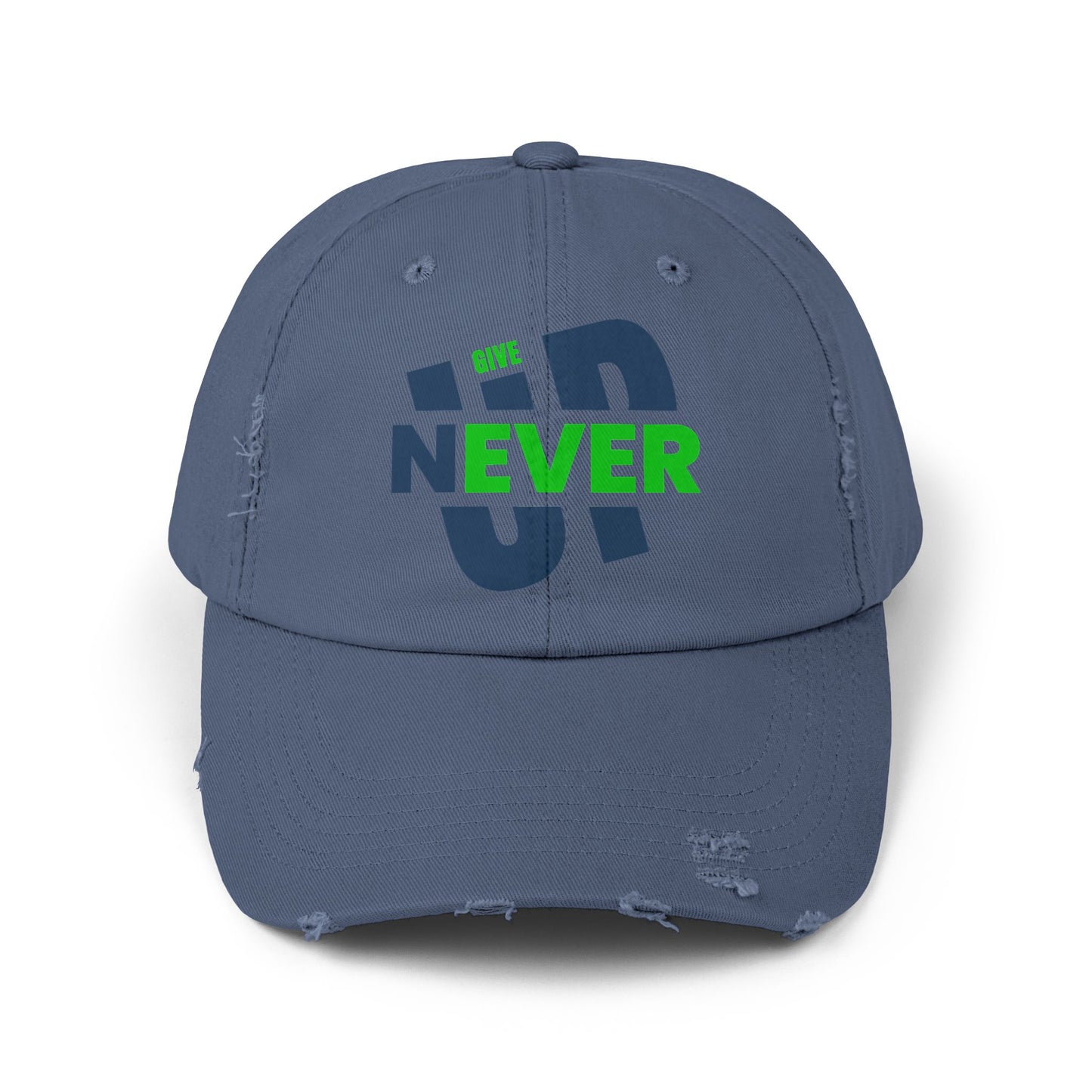 Distressed Baseball Cap — 'Never Give Up' Bold Green & Blue Motivational Hat