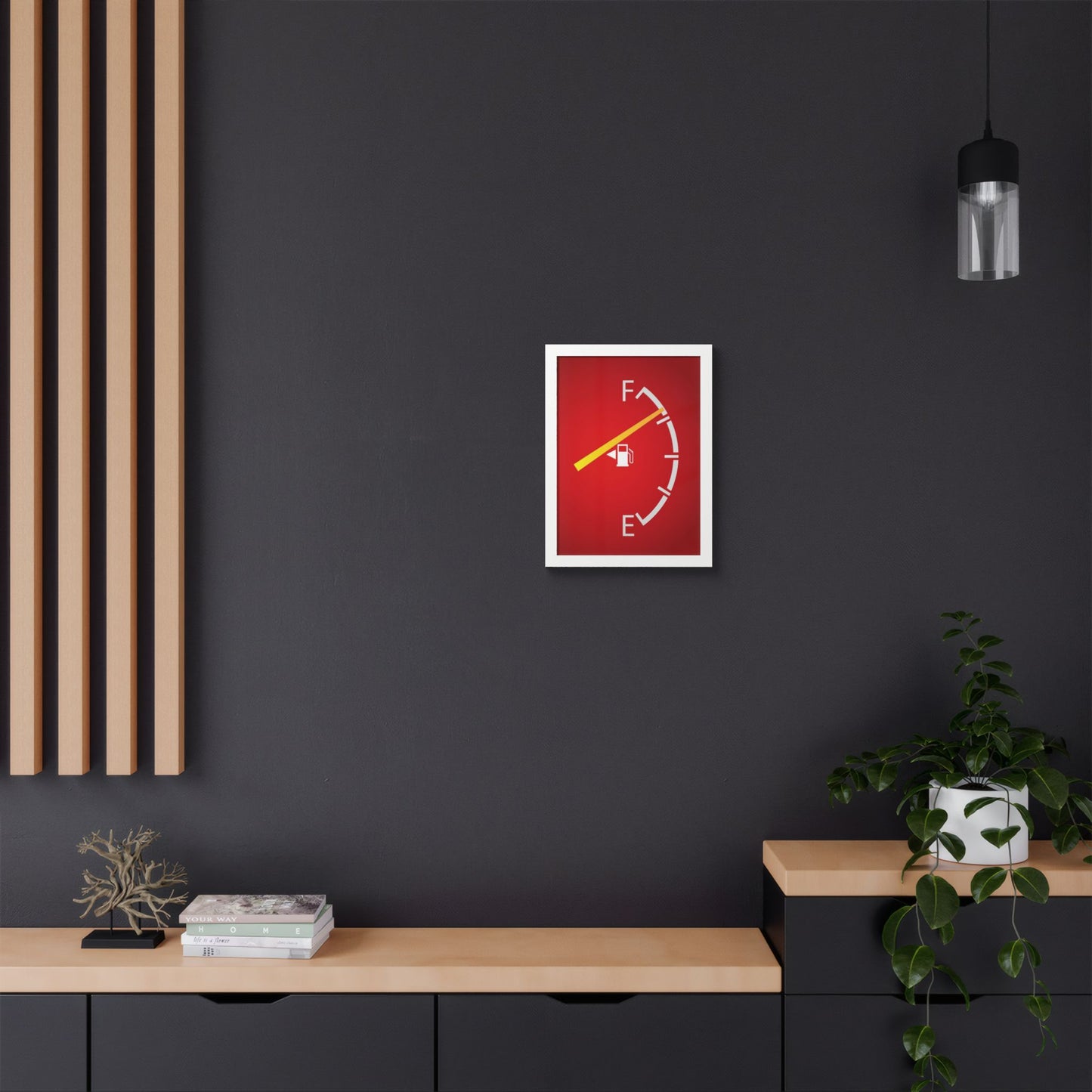 Fuel Gauge Poster — Minimalist Red Gas Tank Wall Art (Framed)