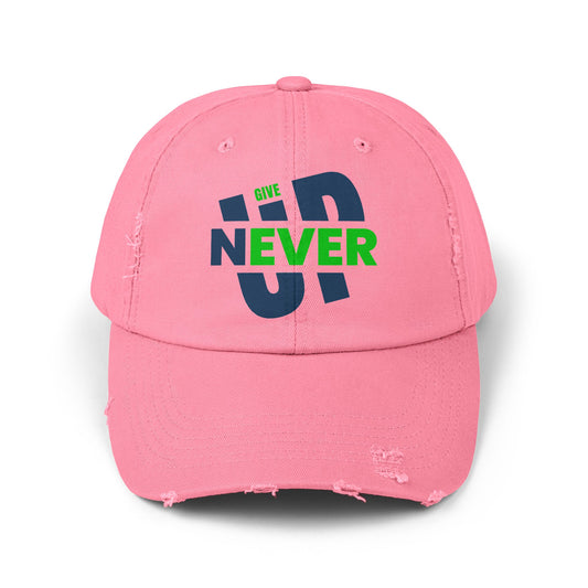 Distressed Baseball Cap — 'Never Give Up' Bold Green & Blue Motivational Hat