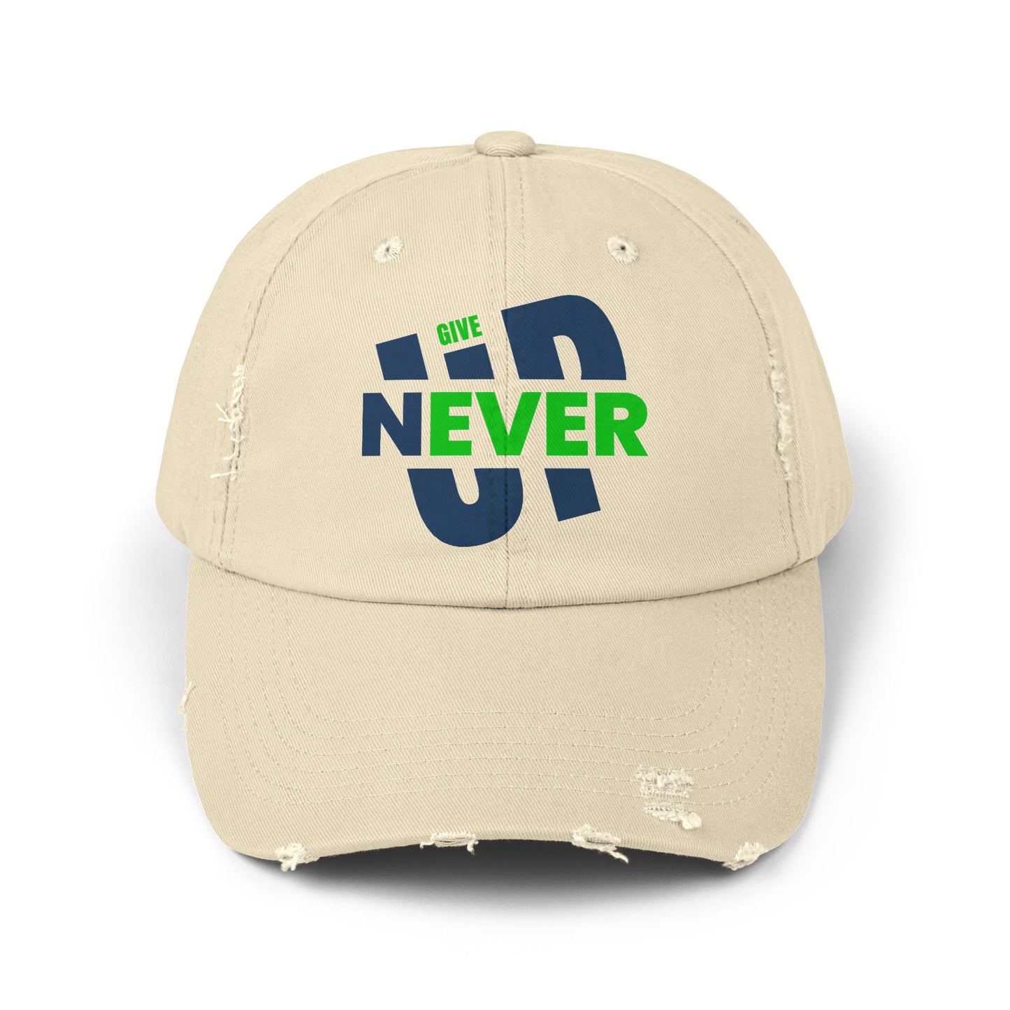 Distressed Baseball Cap — 'Never Give Up' Bold Green & Blue Motivational Hat