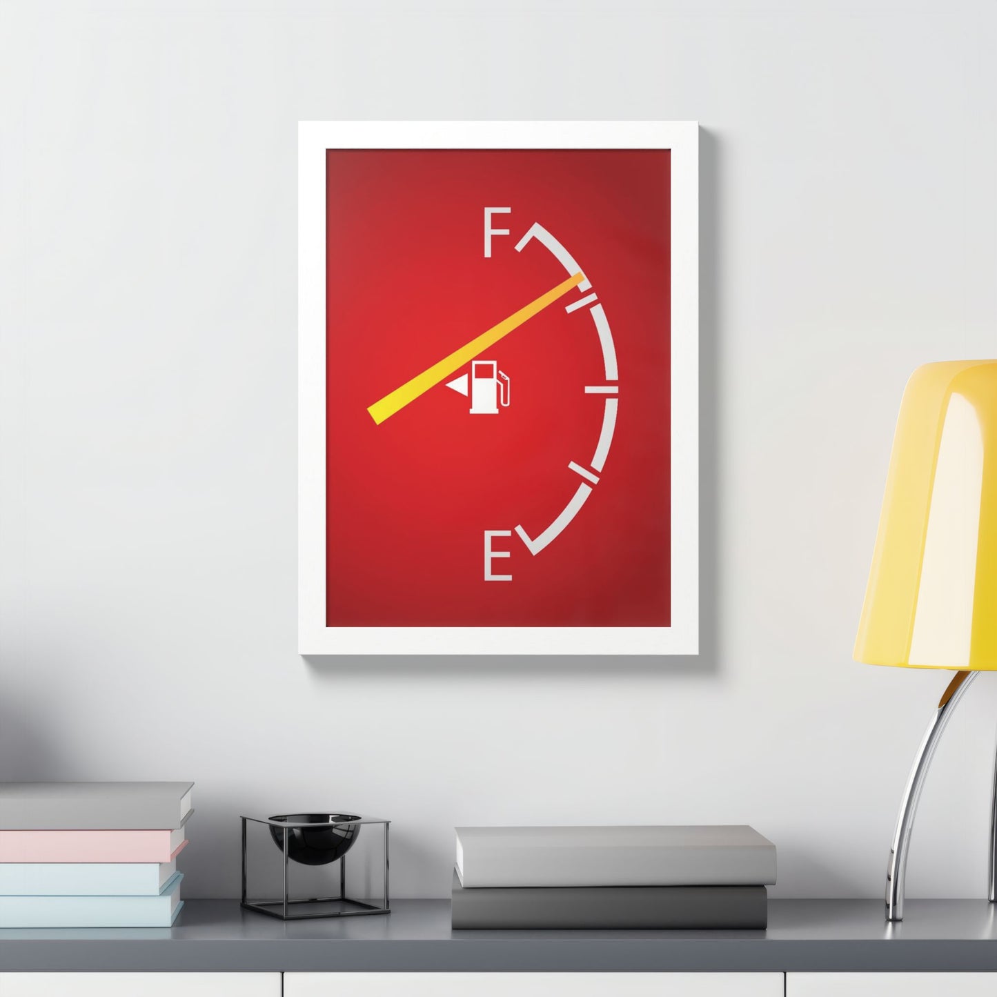 Fuel Gauge Poster — Minimalist Red Gas Tank Wall Art (Framed)