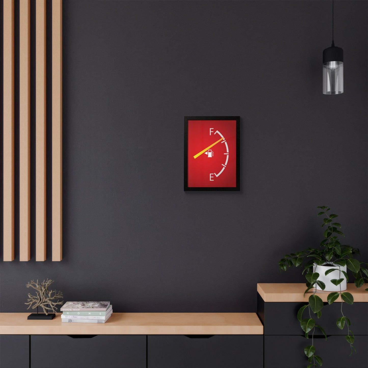 Fuel Gauge Poster — Minimalist Red Gas Tank Wall Art (Framed)