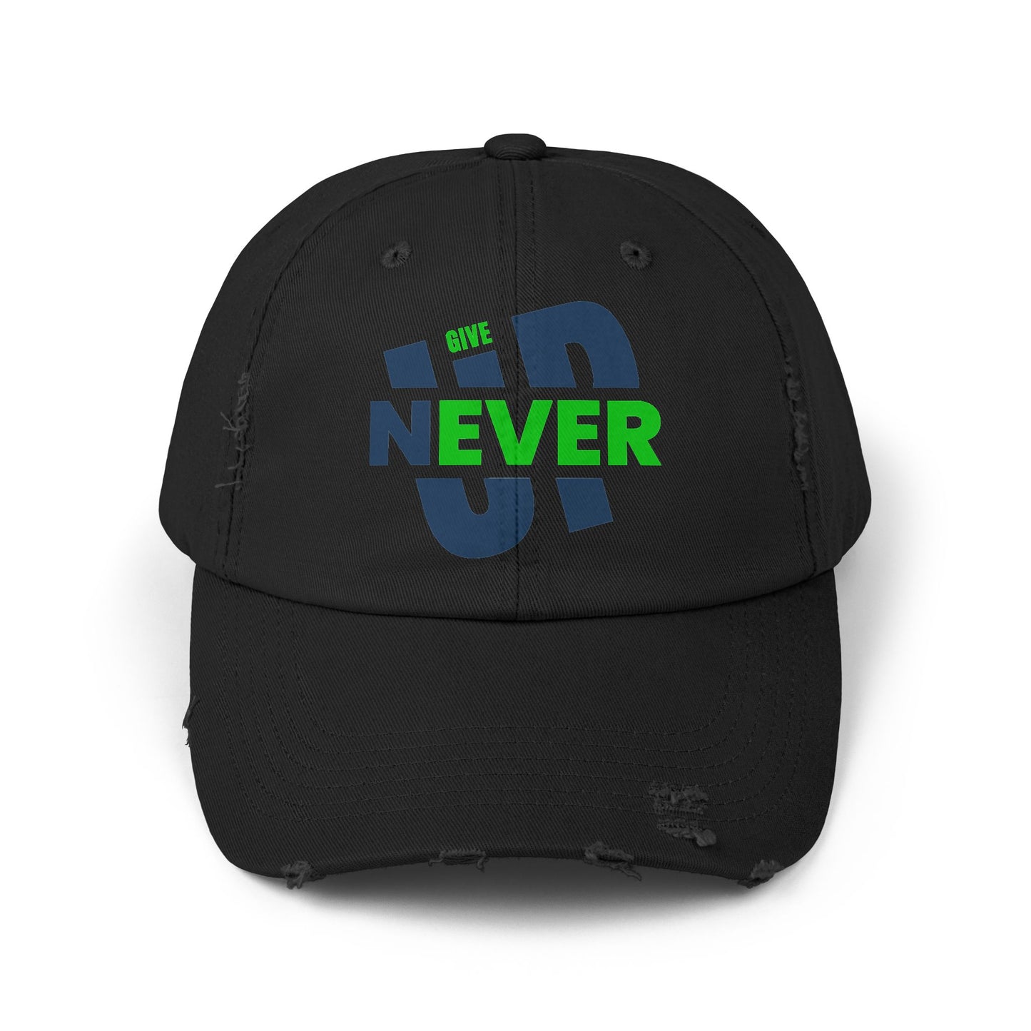 Distressed Baseball Cap — 'Never Give Up' Bold Green & Blue Motivational Hat
