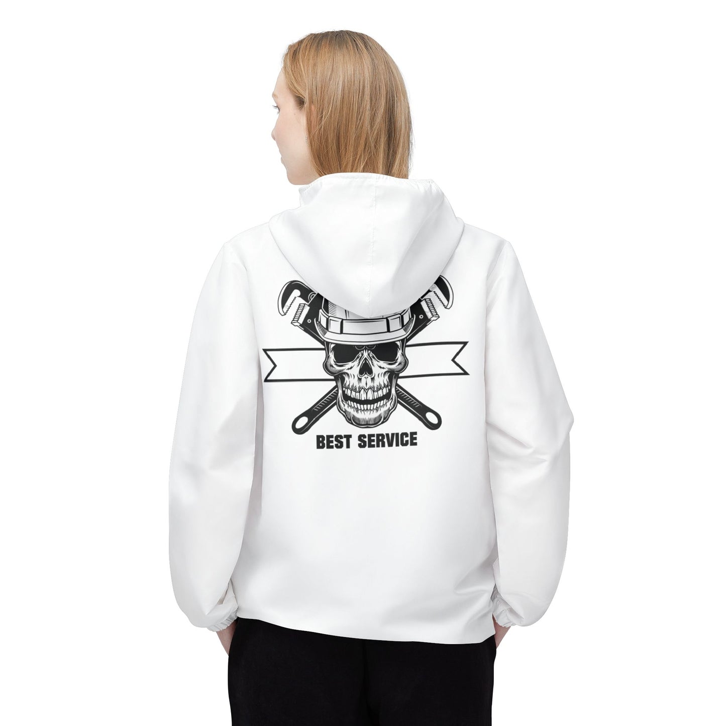 Skull & Wrenches Windbreaker Jacket – "Best Service" Graphic Hooded Windbreaker