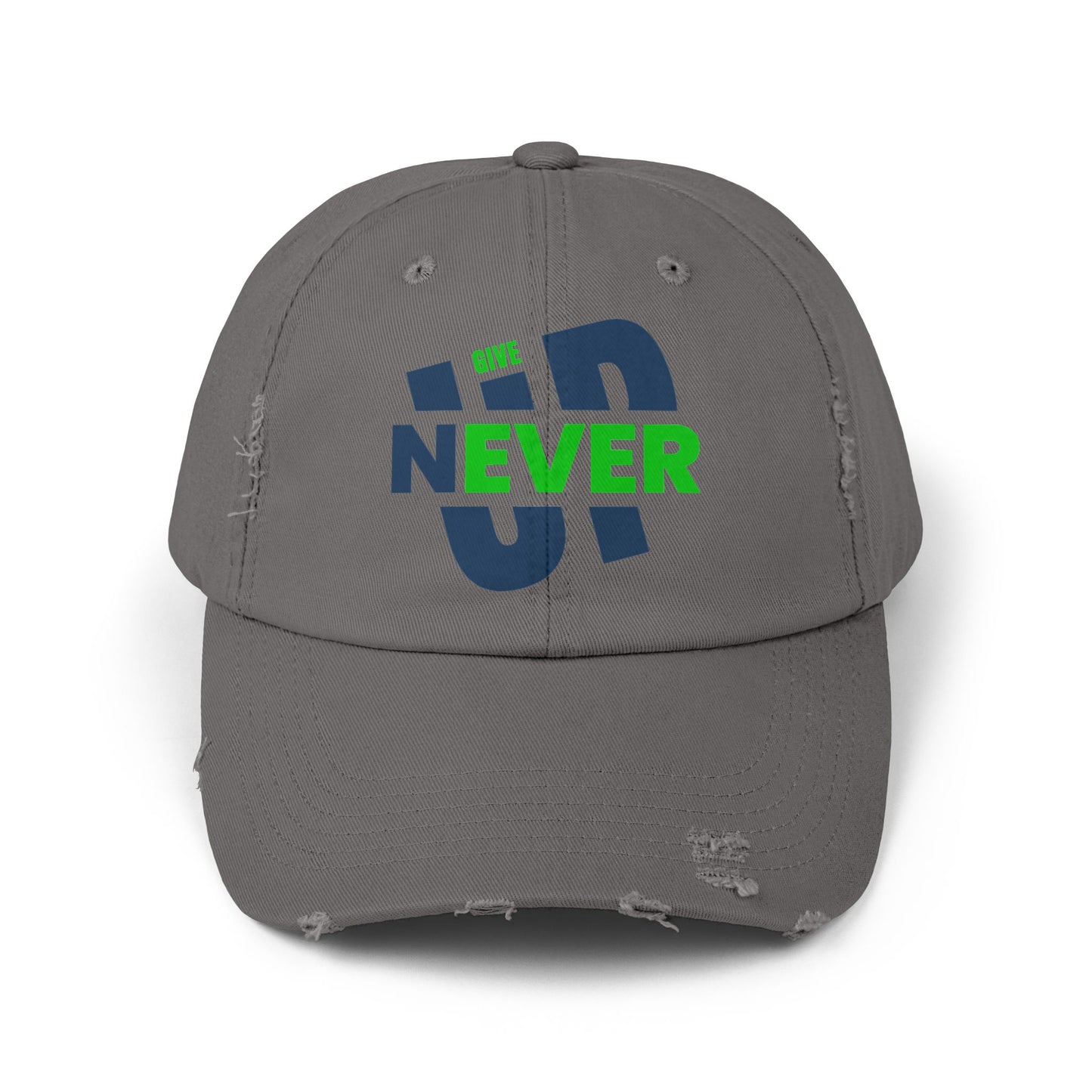 Distressed Baseball Cap — 'Never Give Up' Bold Green & Blue Motivational Hat