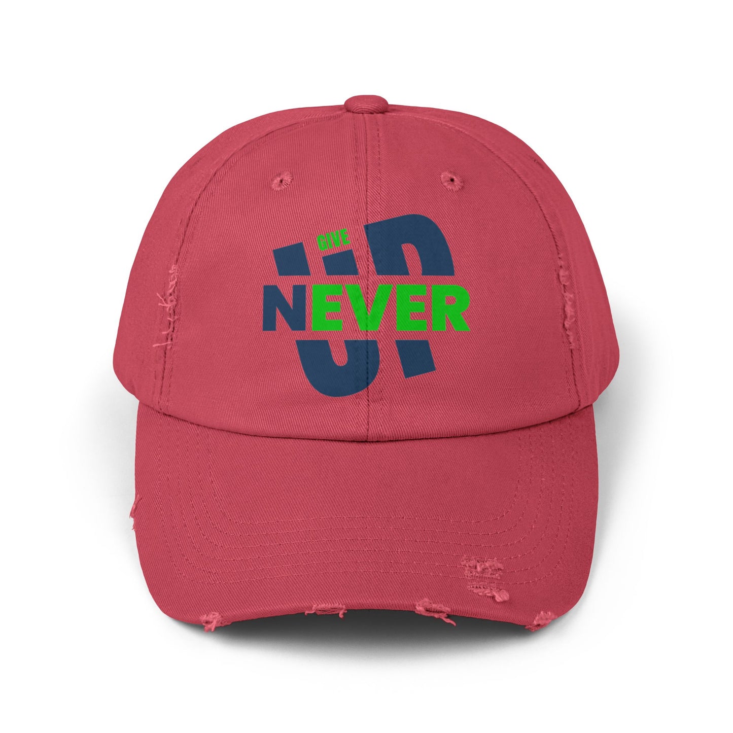Distressed Baseball Cap — 'Never Give Up' Bold Green & Blue Motivational Hat