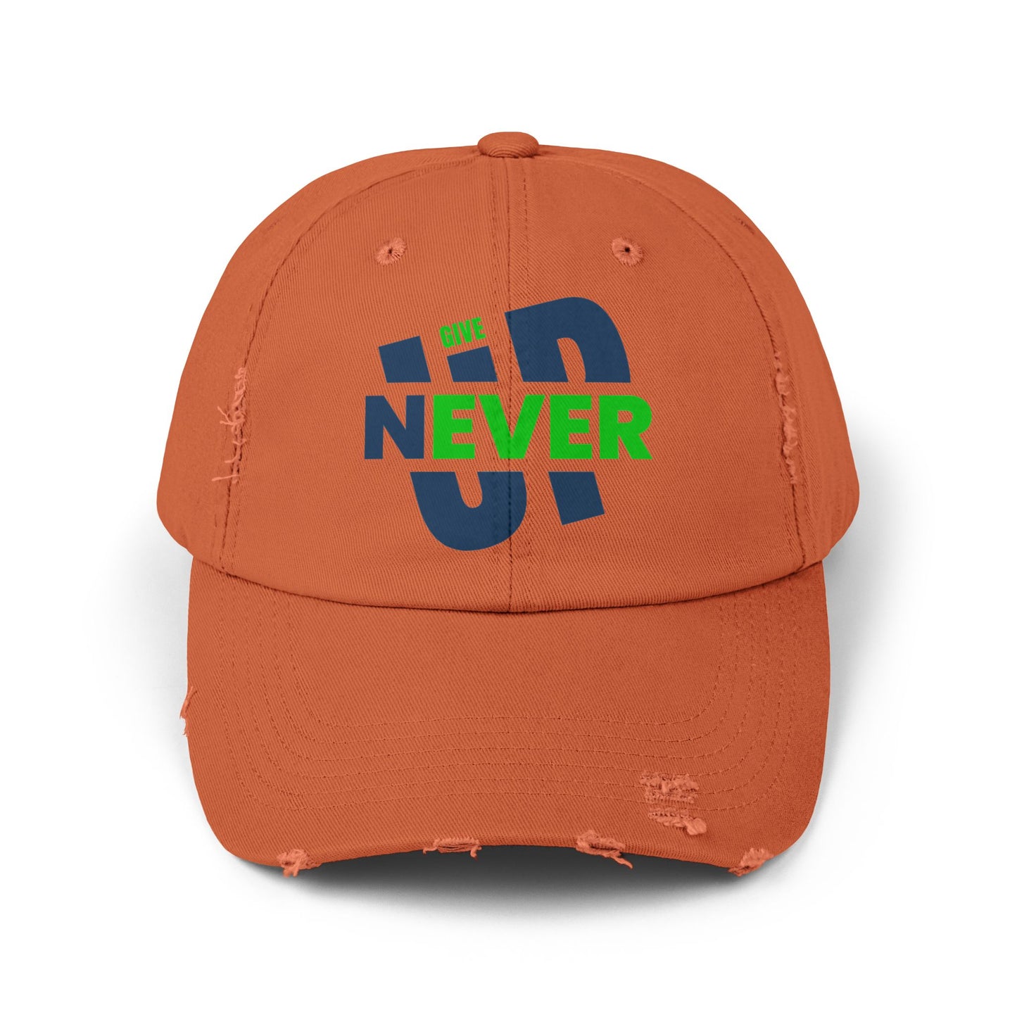 Distressed Baseball Cap — 'Never Give Up' Bold Green & Blue Motivational Hat