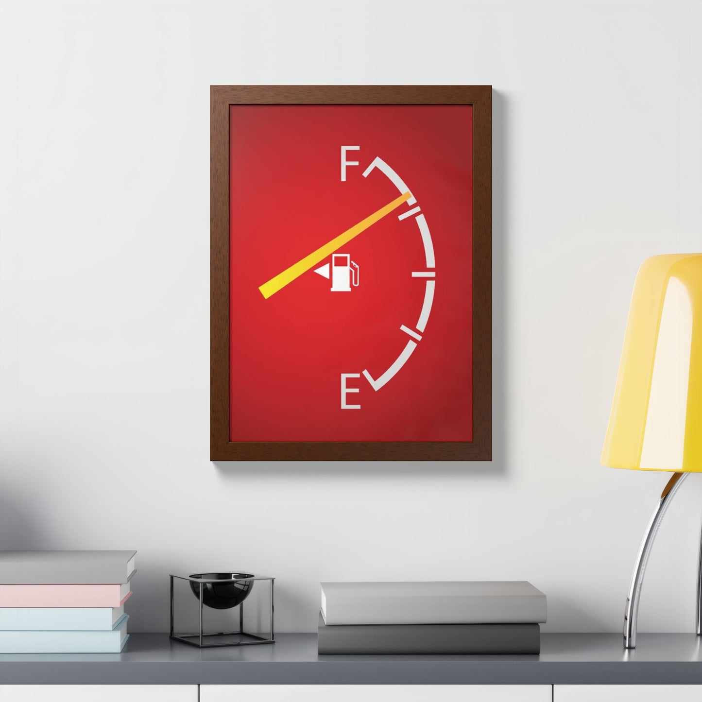 Fuel Gauge Poster — Minimalist Red Gas Tank Wall Art (Framed)