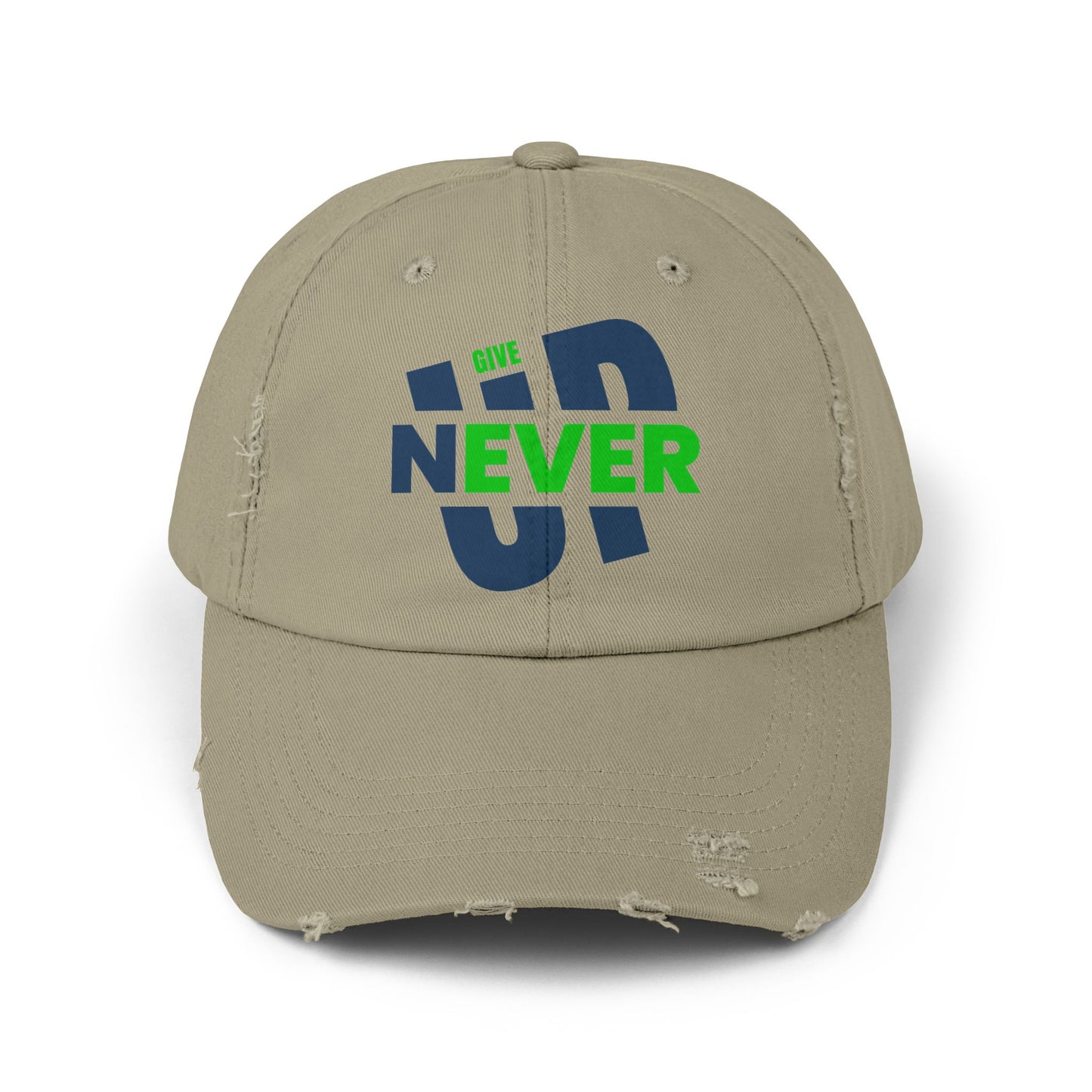 Distressed Baseball Cap — 'Never Give Up' Bold Green & Blue Motivational Hat